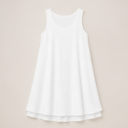 Grey Sleeveless Midi Dress | Fake 2-Piece Linen Blend A-Line - Mock Layered Hem with Pockets White