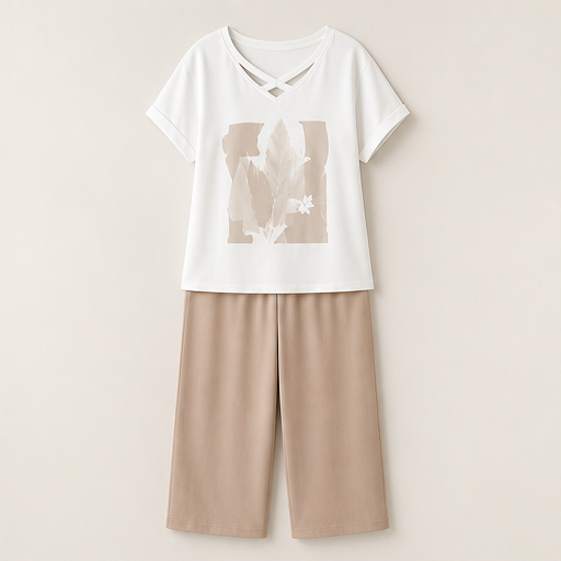 Beige Cropped Trouser & Top Set | Casual Two-Piece Outfit for Women - V-Neck Tee with Wide-Leg Culottes Beige