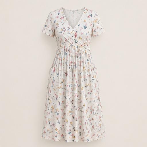 Floral Print Midi Dress | V-Neck Wrap Front with Pockets - Flattering Waist Tie Sundress Ivory Floral