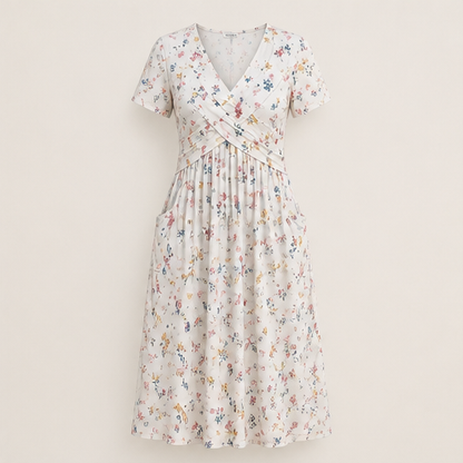Floral Print Midi Dress | V-Neck Wrap Front with Pockets - Flattering Waist Tie Sundress Ivory Floral
