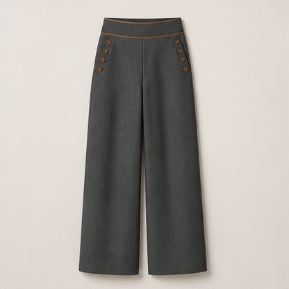 Ecru Wide-Leg Trousers | High-Waisted Tailored Trousers for Women - Contrast Trim with Button Detail Grey