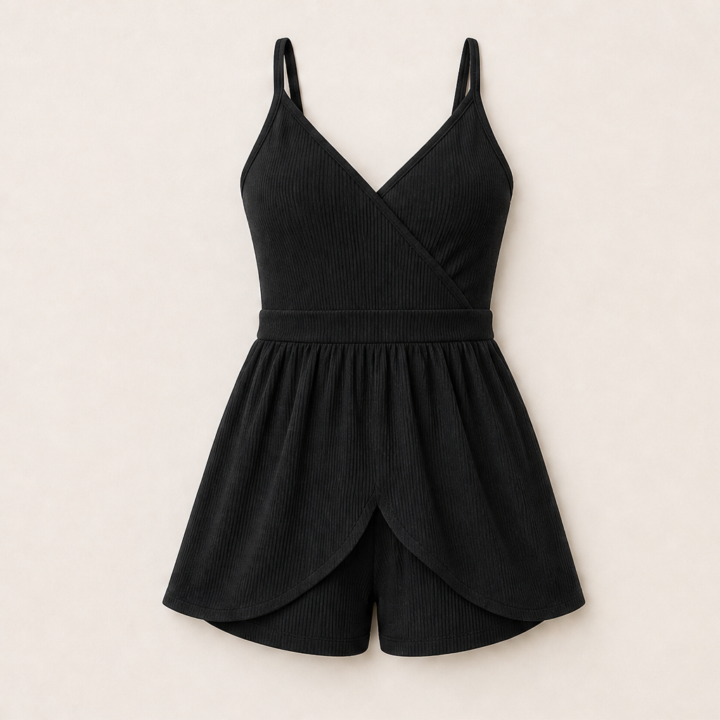 Blue Ribbed V-Neck Romper | Fitted Playsuit with Built-In Skirt - Wrap Front Summer Romper for Women Black