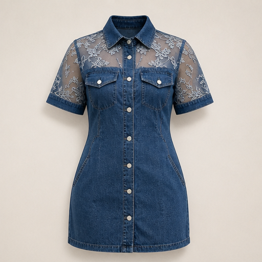 Denim Mini Dress | Sheer Lace Shirt Dress for Women - Button-Front with Pockets Denim Blue