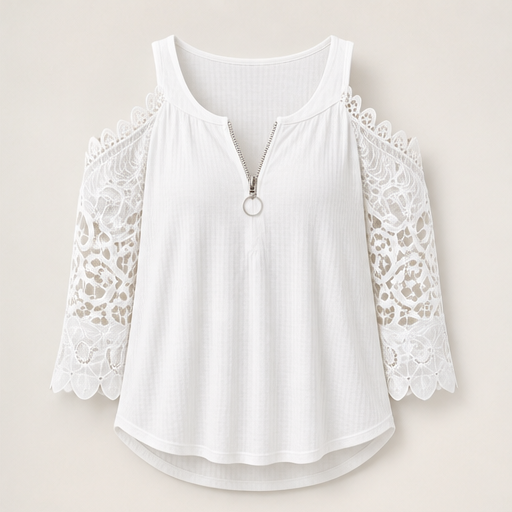 Burgundy Cold Shoulder Lace Top | Zip Front Blouse for Women - Ribbed Knit with Floral Lace Sleeves White