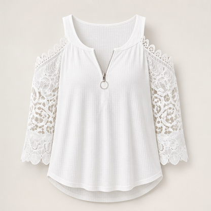 Burgundy Cold Shoulder Lace Top | Zip Front Blouse for Women - Ribbed Knit with Floral Lace Sleeves White