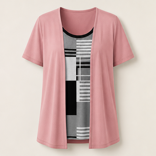Black Fake Two Piece Top | Colour-Block Layered Look Blouse - Short Sleeve Cardigan Style Rose