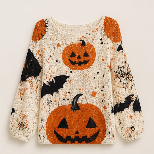 Black Pumpkin Print Sweater | Halloween Crochet Cutout Knit Top - Oversized Long Sleeve for Women White