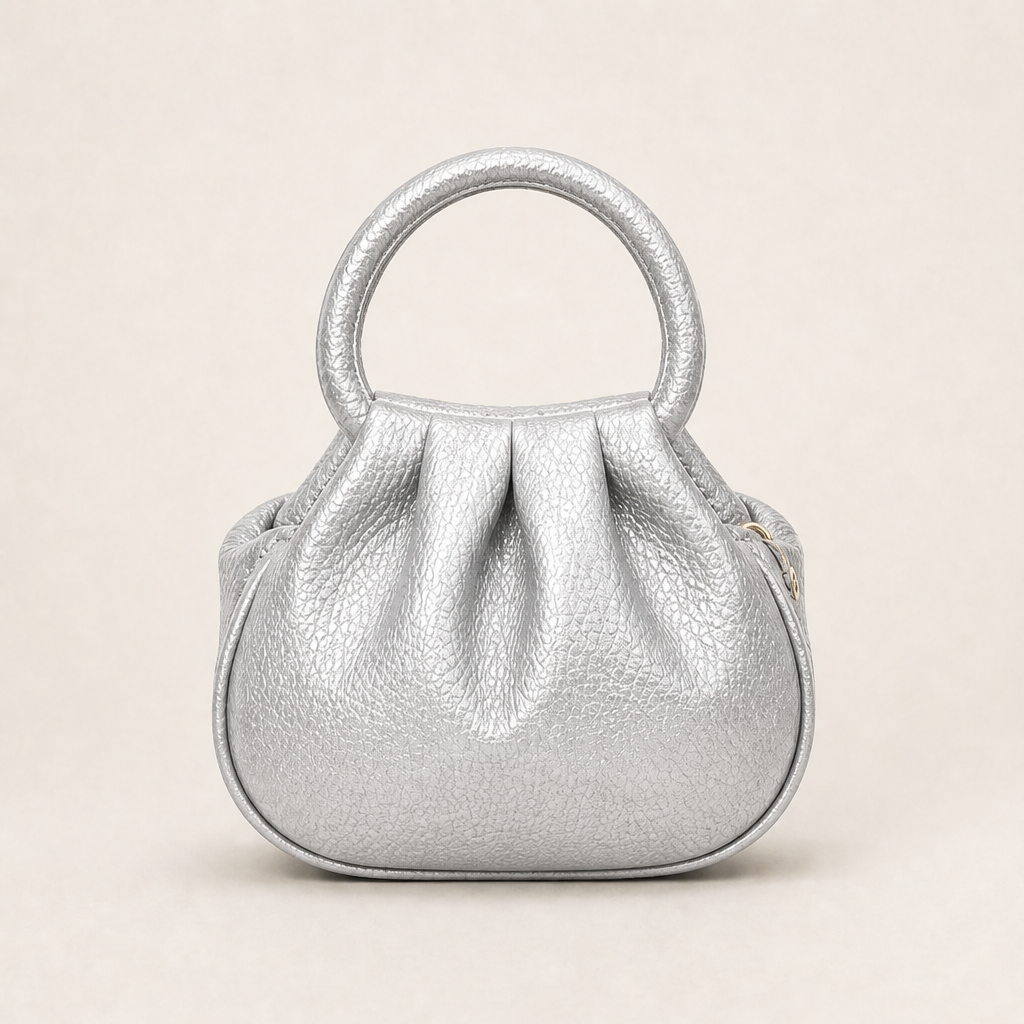 Marlowe Women's Ruched Top-Handle Faux Leather Mini Clutch Handbag - Pebbled Grain Crossbody Bag Silver