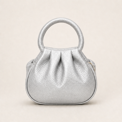 Marlowe Women's Ruched Top-Handle Faux Leather Mini Clutch Handbag - Pebbled Grain Crossbody Bag Silver