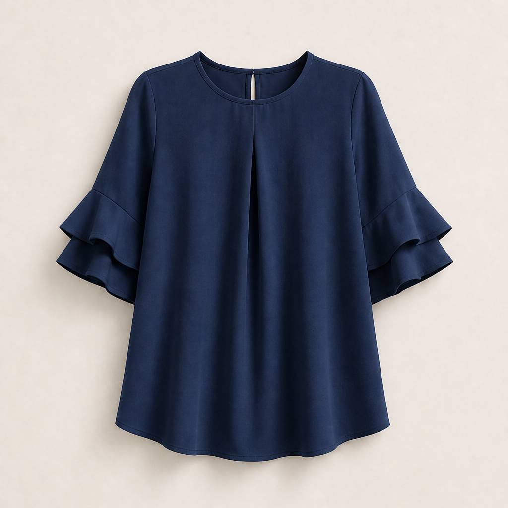 Light Blue Ruffle Sleeve Blouse | Tiered Bell Sleeve Top for Women - Round Neck with Front Pleat Navy