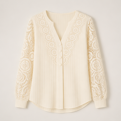 Ivory Lace Patchwork Top | Crochet V-Neck Long Sleeve Blouse - Pearl Button Detail Ivory