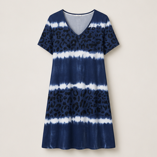 Blue Tie-Dye Leopard Print V-Neck Dress | Casual Shift Dress for Women - Short Sleeve Midi Navy