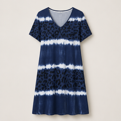 Blue Tie-Dye Leopard Print V-Neck Dress | Casual Shift Dress for Women - Short Sleeve Midi Navy