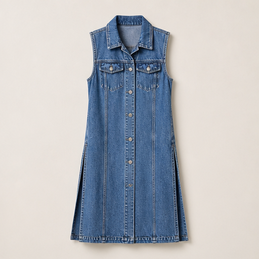 Light Wash Denim Vest Dress | Sleeveless Longline Jean Jacket - High Slit Midi Medium Wash Denim