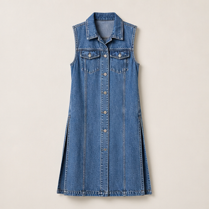 Light Wash Denim Vest Dress | Sleeveless Longline Jean Jacket - High Slit Midi Medium Wash Denim