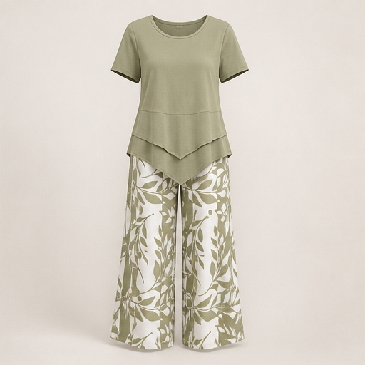 Blue Layered Tunic Top and Wide Leg Trouser Set | Round Neck Two-Piece Outfit for Women Sage