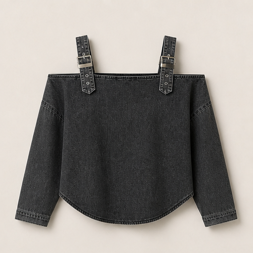 Light Blue Denim Off-Shoulder Top | Women's Buckle Strap Blouse - Long Sleeve Cropped Style Black Denim