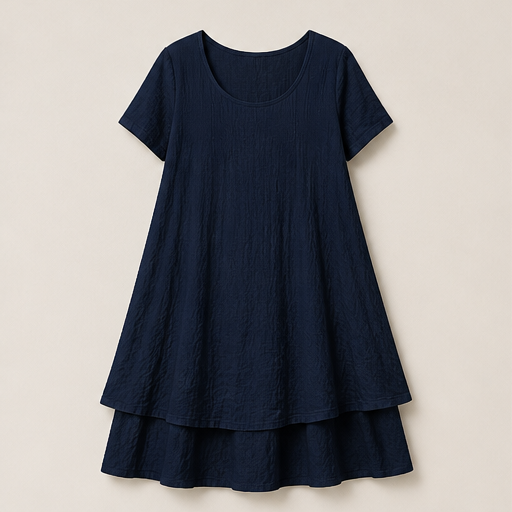 Black Loose Fit Midi Dress | Cotton Linen Tiered Hem Dress for Women - Round Neck A-Line Navy