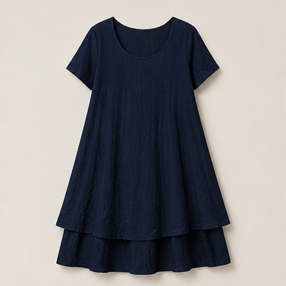 Black Loose Fit Midi Dress | Cotton Linen Tiered Hem Dress for Women - Round Neck A-Line Navy