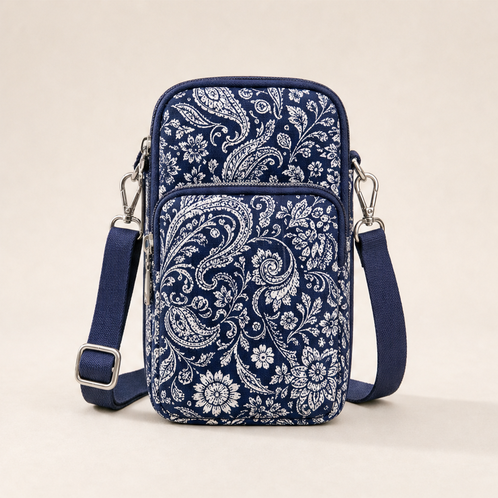 Floral Mini Crossbody Bag | Phone Bag with Armband Strap - 3 Zip Compartments Navy Paisley