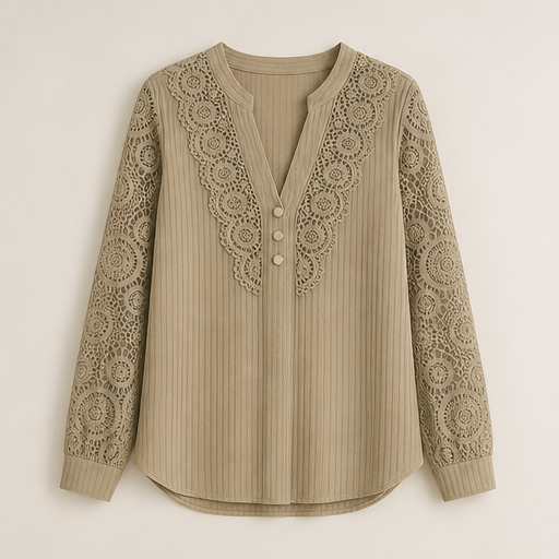 Cream Lace V-Neck Top | Crochet Sleeve Blouse for Women - Long Sleeve Pintuck Top Khaki