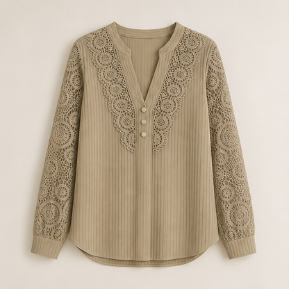 Cream Lace V-Neck Top | Crochet Sleeve Blouse for Women - Long Sleeve Pintuck Top Khaki