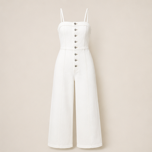 Denim Wide Leg Jumpsuit | Spaghetti Strap Button-Front Style - High Waist for Women White