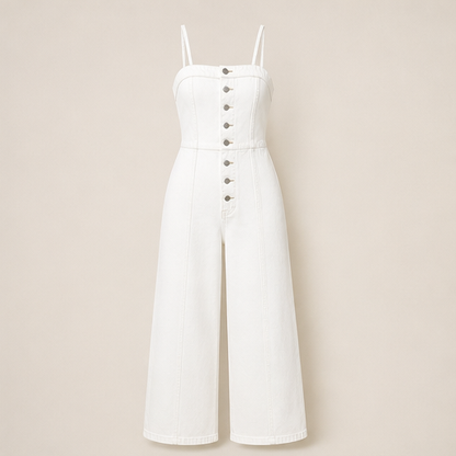 Denim Wide Leg Jumpsuit | Spaghetti Strap Button-Front Style - High Waist for Women White