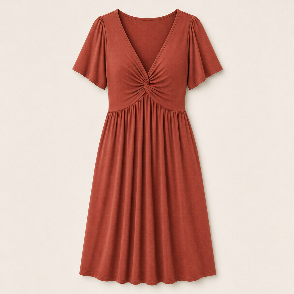 Purple Twist Front V-Neck Dress | Flutter Sleeve Midi with Hidden Pockets - Flowy Fit Rust