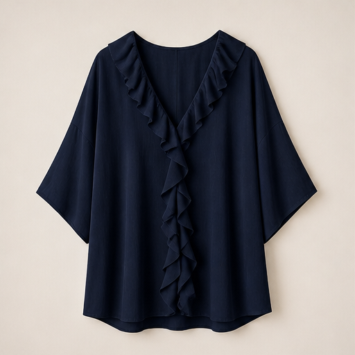 Black Ruffle V-Neck Blouse | Relaxed Fit Top for Women - Textured Three-Quarter Sleeve Navy