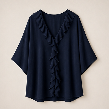 Black Ruffle V-Neck Blouse | Relaxed Fit Top for Women - Textured Three-Quarter Sleeve Navy