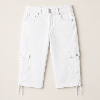 Dark Blue Capri Cargo Jeans | Women's Cropped Denim Trousers - Adjustable Hem, Straight Leg White