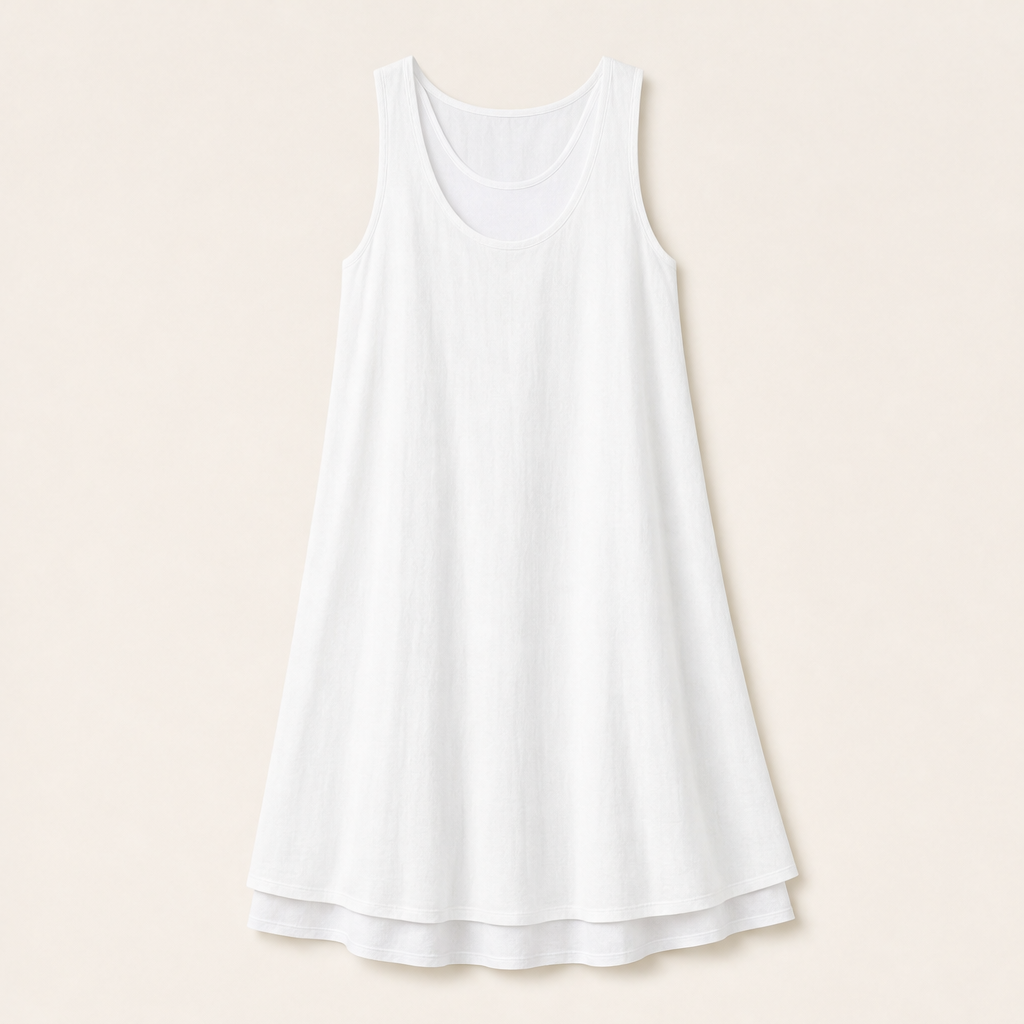 Chambray Blue Layered Tank Dress | Fake Two Piece Sleeveless Summer Dress - Loose Fit Cotton Linen White