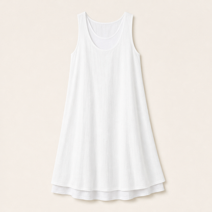 Chambray Blue Layered Tank Dress | Fake Two Piece Sleeveless Summer Dress - Loose Fit Cotton Linen White