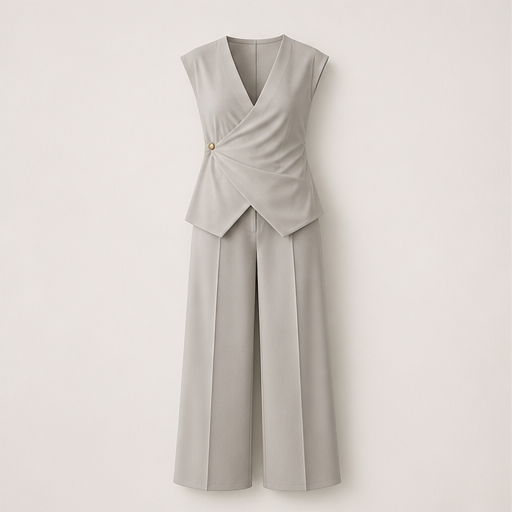 White Wrap Top Two-Piece Set | V-Neck Wide Leg Trouser Set for Women - Button Detail Grey