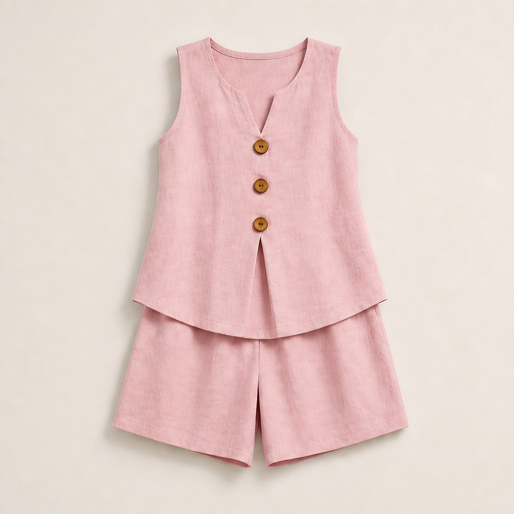 Beige Linen Two-Piece Shorts Set | Sleeveless Button Top & Shorts - Women's Summer Matching Set Pink
