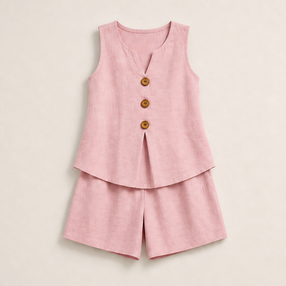 Beige Linen Two-Piece Shorts Set | Sleeveless Button Top & Shorts - Women's Summer Matching Set Pink