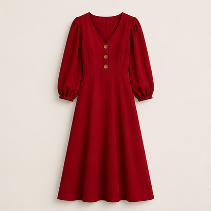 Mustard V-Neck Maxi Dress | Casual Puff Sleeve Long Dress - Linen-Blend with Pockets Burgundy