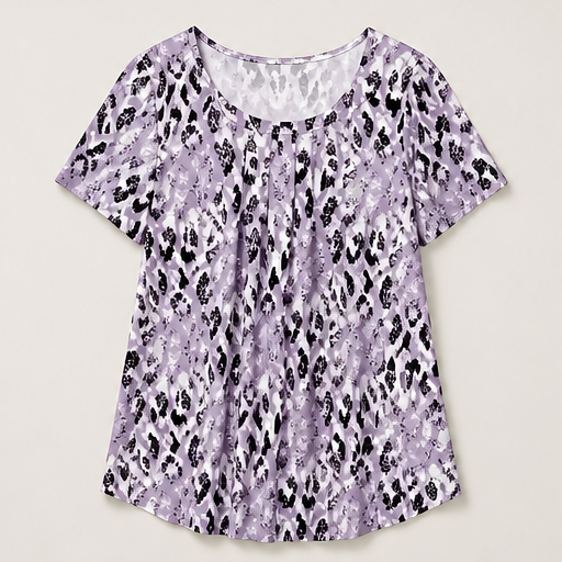 Sage Green Printed Top | Casual Leopard Print Short Sleeve Blouse - Round Neck Pleated Tunic Lavender