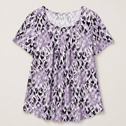 Sage Green Printed Top | Casual Leopard Print Short Sleeve Blouse - Round Neck Pleated Tunic Lavender