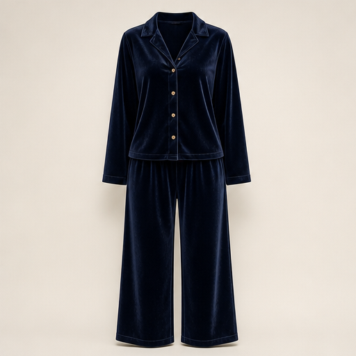 Black Velvet Loungeset | Two-Piece Shirt & Wide Leg Trouser Set for Women Navy