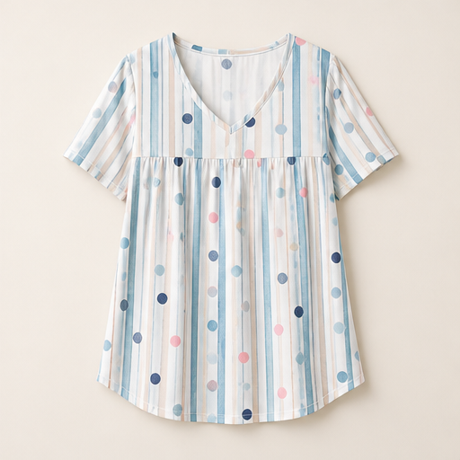White Printed V-Neck T-Shirt | Pleated Short Sleeve Top for Women - Loose Fit Tunic Blouse White Stripe Dot Print