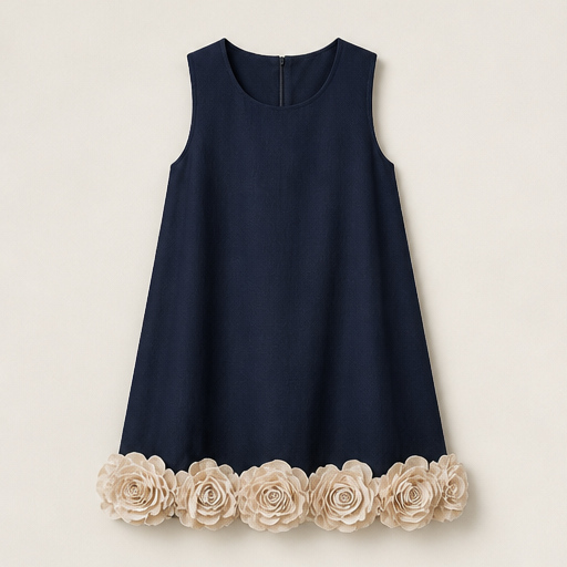 Black 3D Flower Mini Dress | Sleeveless Loose A-Line - Floral Appliqué Hem Navy