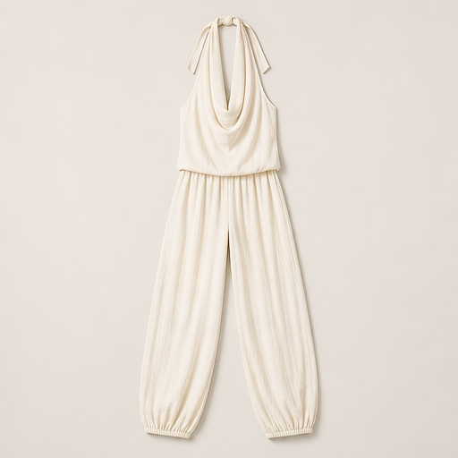 Beige Halter Neck Jumpsuit | Wide Leg Draped Style - Linen Blend Summer Playsuit Ivory