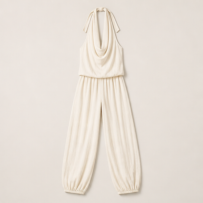Beige Halter Neck Jumpsuit | Wide Leg Draped Style - Linen Blend Summer Playsuit Ivory
