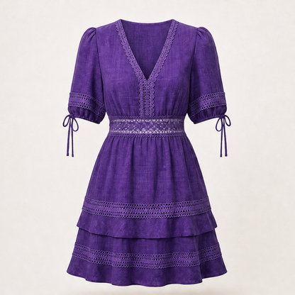 Marisol Women's V-Neck Lace Trim Puff Sleeve Tiered Ruffle Linen-Look Dress Purple