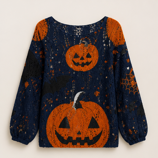 Black Pumpkin Print Sweater | Halloween Crochet Cutout Knit Top - Oversized Long Sleeve for Women Navy