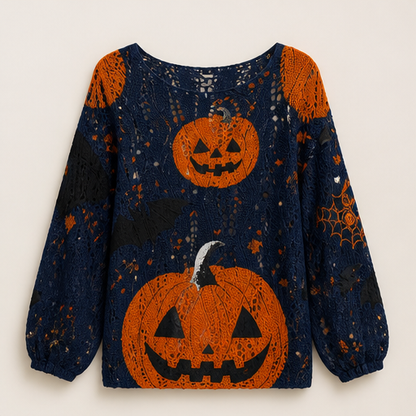 Black Pumpkin Print Sweater | Halloween Crochet Cutout Knit Top - Oversized Long Sleeve for Women Navy