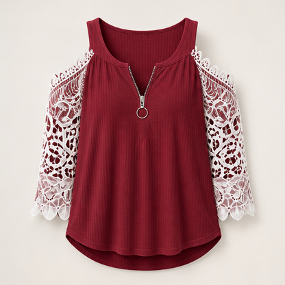 Burgundy Cold Shoulder Lace Top | Zip Front Blouse for Women - Ribbed Knit with Floral Lace Sleeves Burgundy