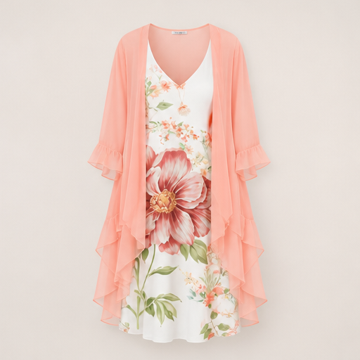 Coral Floral Swing Dress | Two-Piece Maxi Dress with Chiffon Cover-Up - Lace Detail Peach